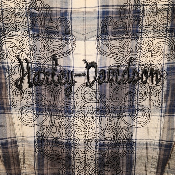 Harley Davidson Blue Cream Plaid Pearl Snap Long Sleeve Women's Shirt Medium - Picture 6 of 6